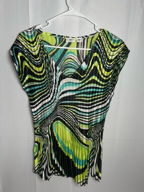 Cato Woman Pleated Wave-Print Blouse in Lime, Teal & Black